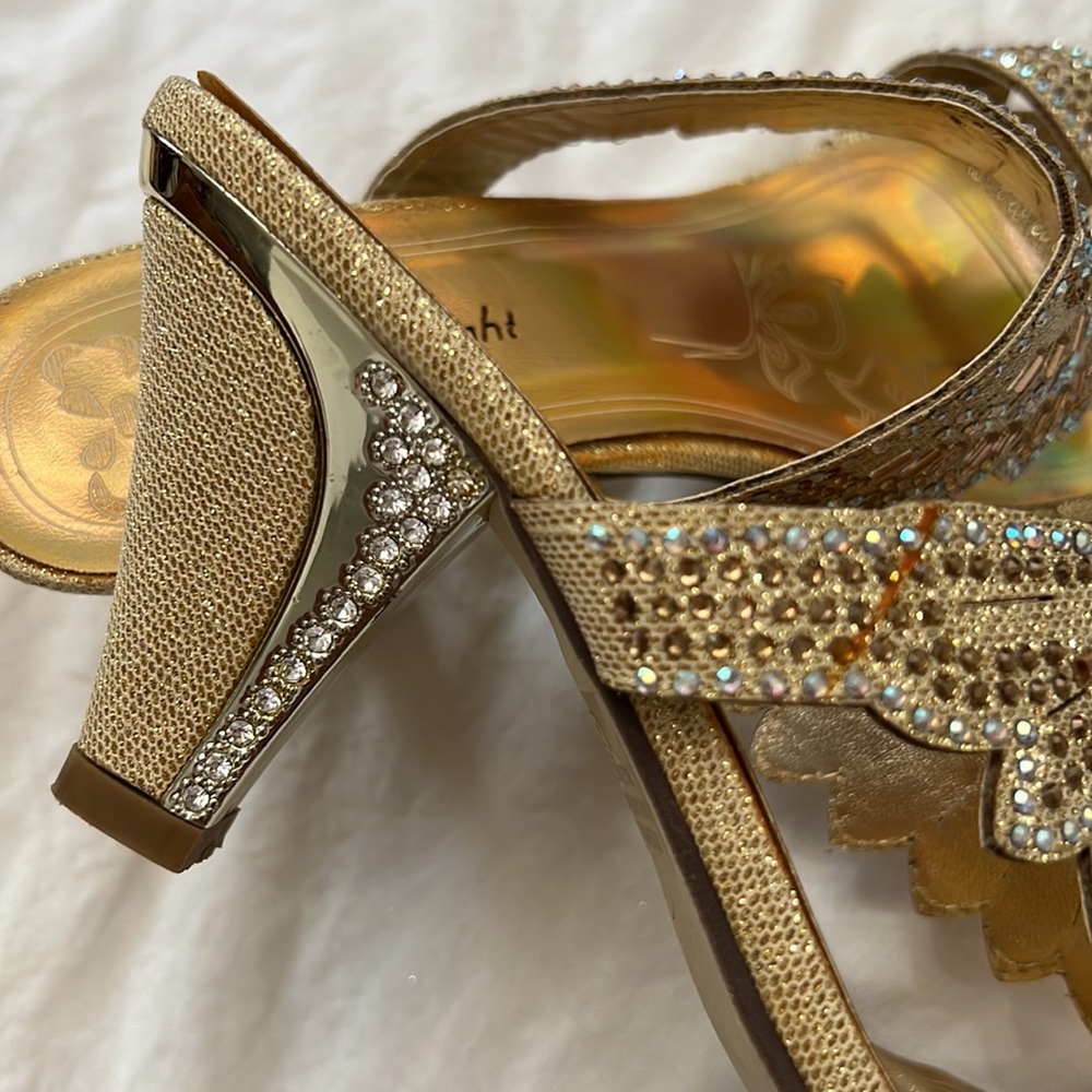 First Sight Gold Rhinestone Sandals - Picture 3 of 11